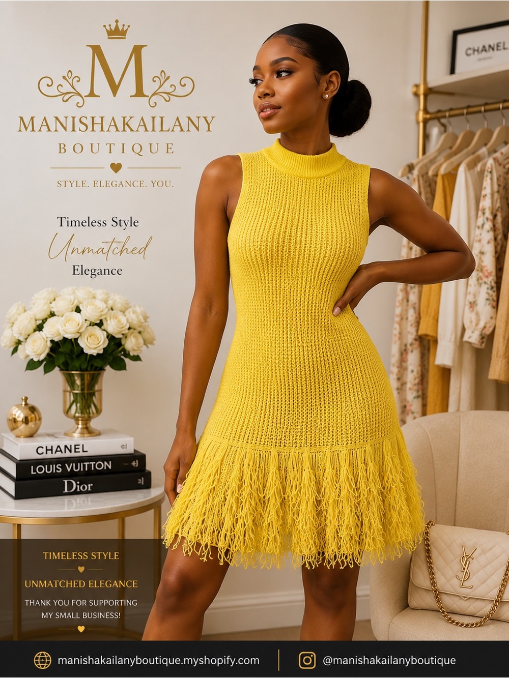 Manisha Kailany Yellow Sleeveless Fringe Knit Mini Dress